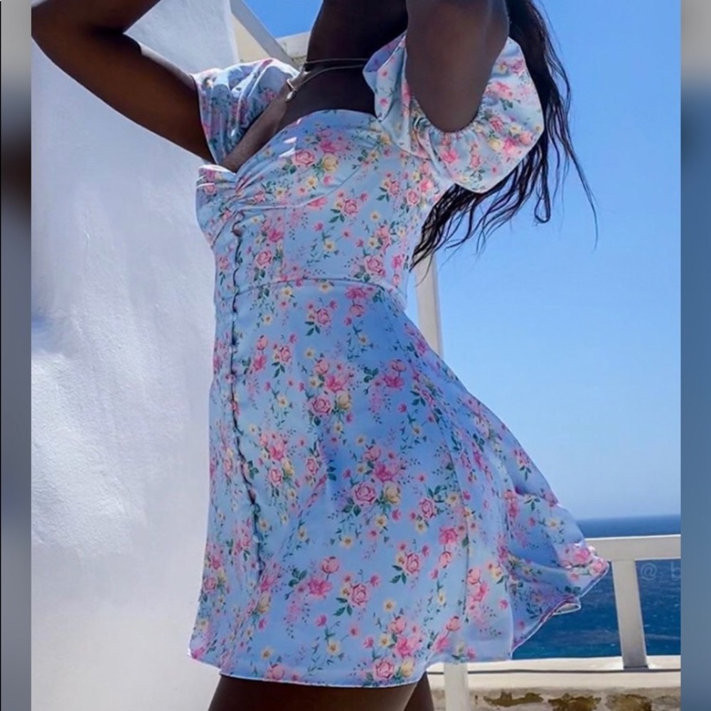 Ditsy Floral Print Puff Sleeve Buttoned Dress